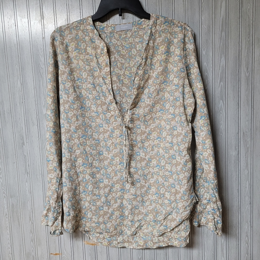 Nicole Farhi Womens Tan and Blue Floral Print 100% Cotton Blouse Size S
